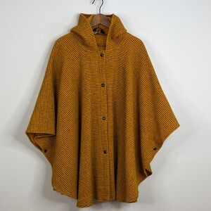 Vintage Wool Cape Womens One Size Large Pumpkin Orange Black Check Hooded Coat